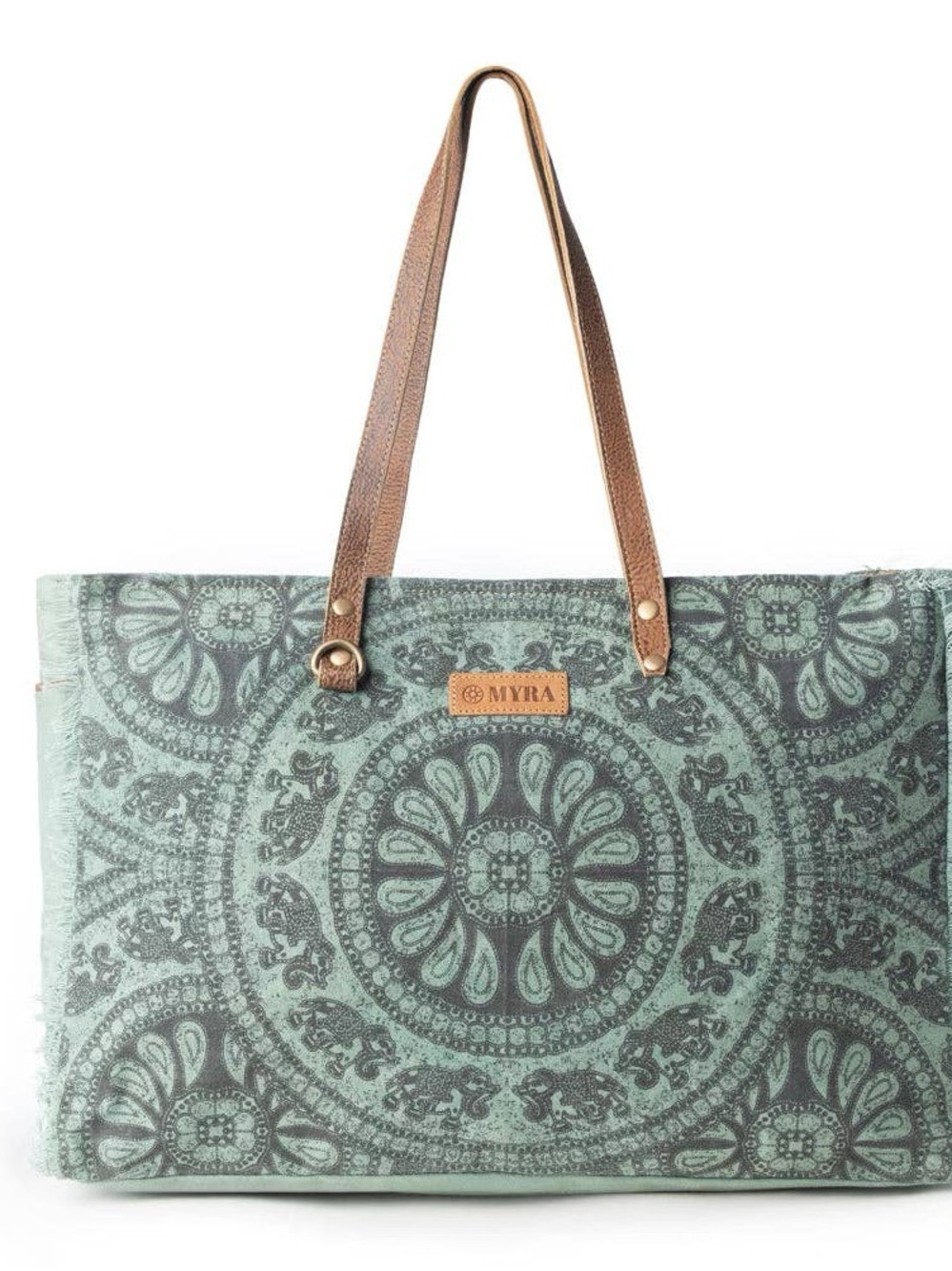 Myra Weekender Bag Mint Green Canvas Tote with Brown Handles and Medallion Print